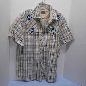 Vintage Red Western Style Short Sleeve Blue & Beige Plaid Shirt w/ Flowers, XL